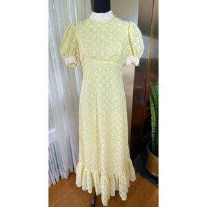 Vintage 60s maxi dress, buttery yellow, organza flocked floral, empire waist